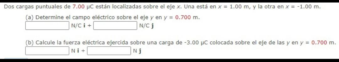 Dos cargas puntuales de \( 7.00 \mu \mathrm{C} \) están localizadas sobre el eje \( x \). Una está en \( x=1.00 \mathrm{~m} \