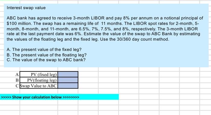 Solved ABC bank has agreed to receive 3− month LIBOR and pay | Chegg.com