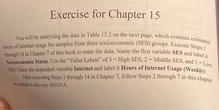 Solved Exercise for Chapter 15 You will be analyzing the | Chegg.com