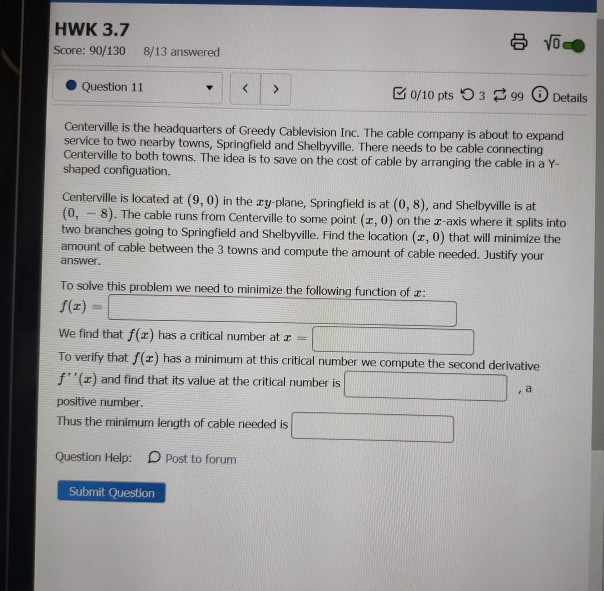 Solved HWK 3.7. Score: 90/130 VO 8/13 answered Question 11 | Chegg.com
