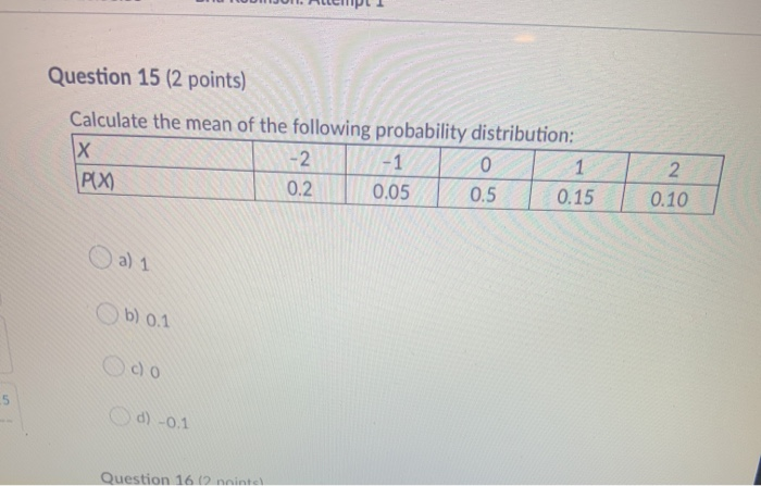 Solved PL Question 15 (2 points) Calculate the mean of the | Chegg.com