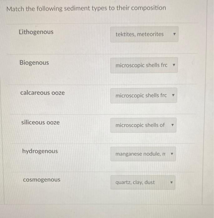 Solved Match the following sediment types to their | Chegg.com