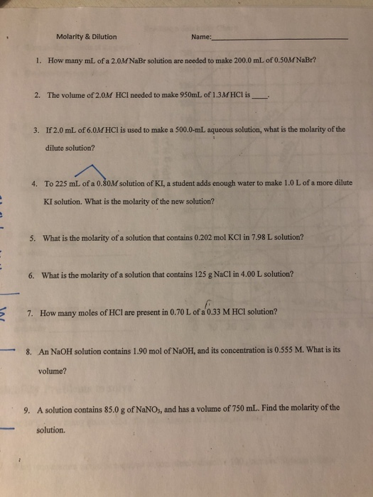 Solved Molarity & Dilution Name: 1. How many mL of a 2.0M | Chegg.com