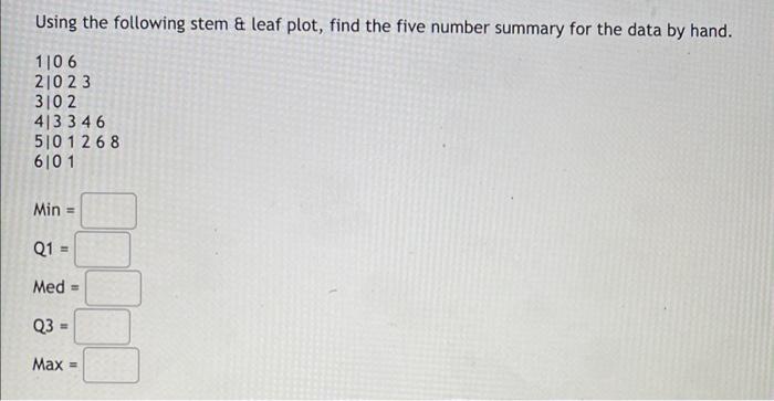 Solved Using the following stem \& leaf plot, find the five | Chegg.com