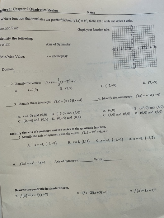 Solved gebra 1: Chapter 9 Quadratics Review Name Write a | Chegg.com