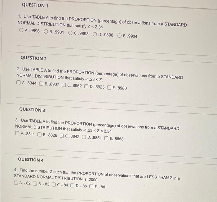 Solved QUESTION 1 1. Use TABLE A to find the PROPORTION | Chegg.com