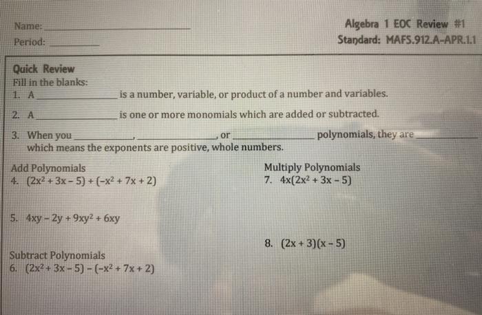 Solved Name: Period: Algebra 1 EOC Review #1 Standard: | Chegg.com