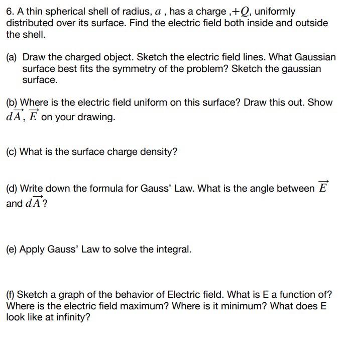 Solved 6. A thin spherical shell of radius, a, has a | Chegg.com