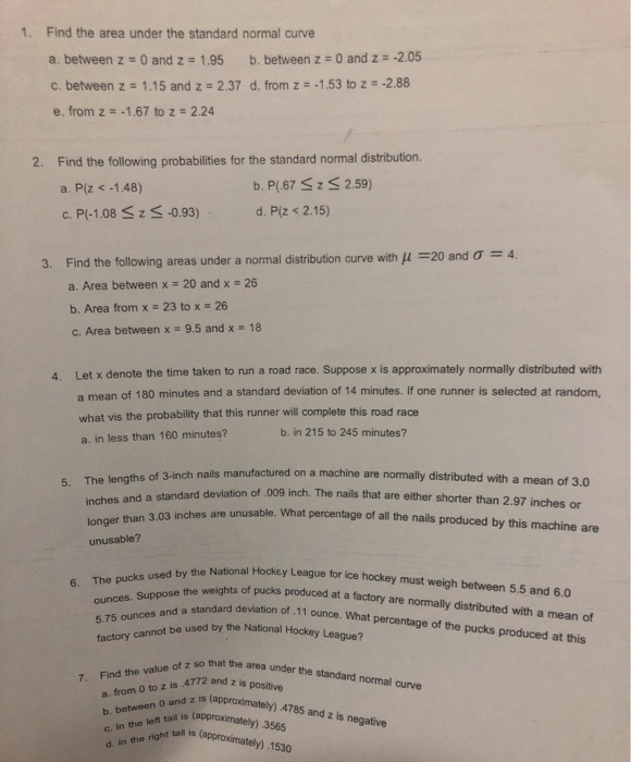 Solved 1. Find the area under the standard normal curve a. | Chegg.com