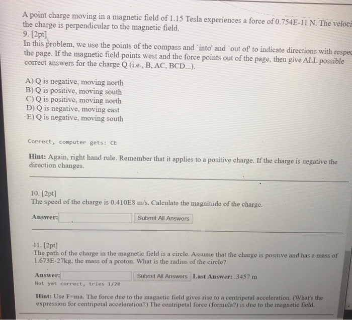 Solved A point charge moving in a magnetic field of 1.15 | Chegg.com