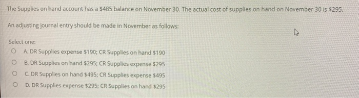Solved The Supplies on hand account has a $485 balance on | Chegg.com