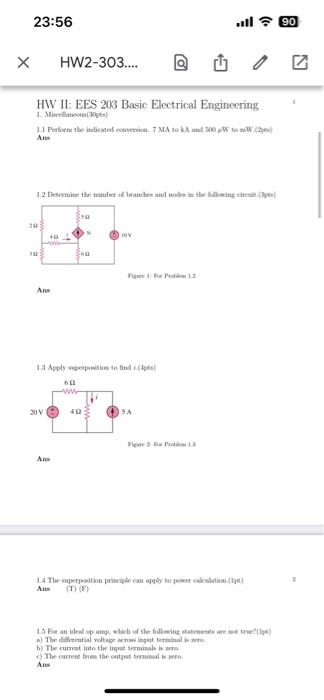 Solved HW Il: EES 203 Basic Electrical Engineering 1. | Chegg.com