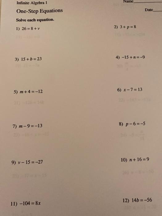 Solved Name Date Infinite Algebra 1 One Step Equations So Chegg Com