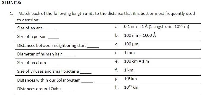 Solved SI UNITS: 1. Match each of the following length units | Chegg.com