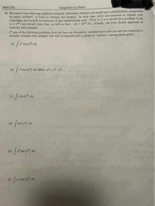 Solved Math 152 Integration By Parts 10. For Each Of The | Chegg.com