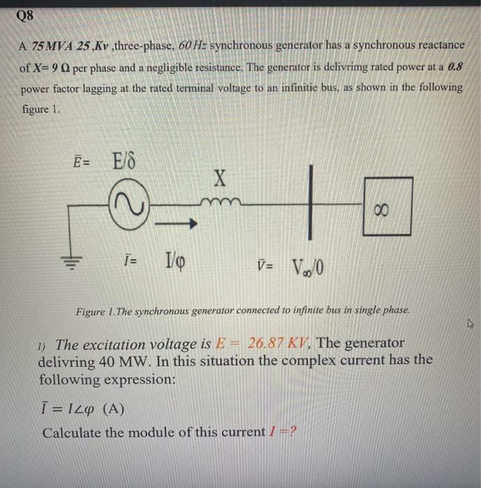 Solved 08 A 75 MVA 25,Kv ,three-phase, 60 Hz Synchronous | Chegg.com