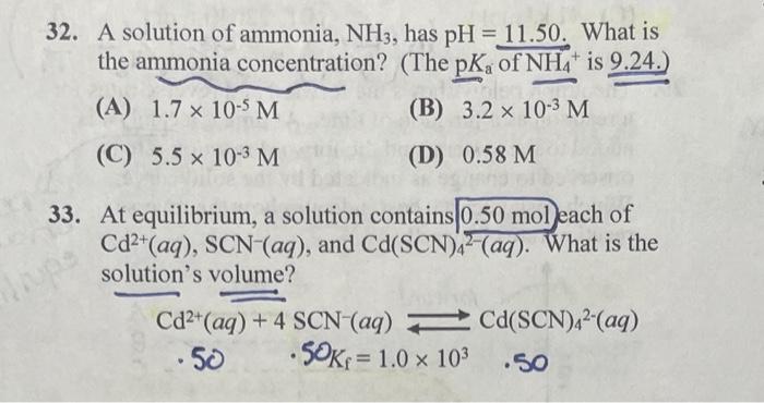 Solved 32. A solution of ammonia, NH3, has pH = 11.50. What