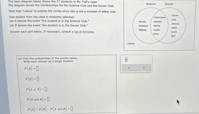 Solved The Venn diagram below shows the 15 students in Ms, | Chegg.com