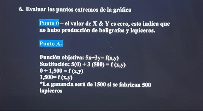 6. Evaluar los puntos extremos de la gráfica Punto 0-el valor de \( \mathbf{X} \& \mathbf{Y} \) es cero, esto indica que no h