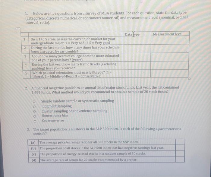 Solved 1. Below are five questions from a survey of MBA | Chegg.com