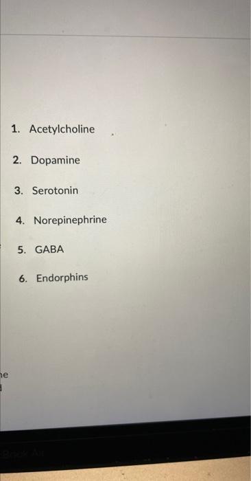 1. Acetylcholine
2. Dopamine
3. Serotonin
4. Norepinephrine
5. GABA
6. Endorphins