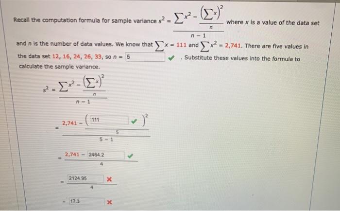 Solved Recall the computation formula for sample variance s? | Chegg.com