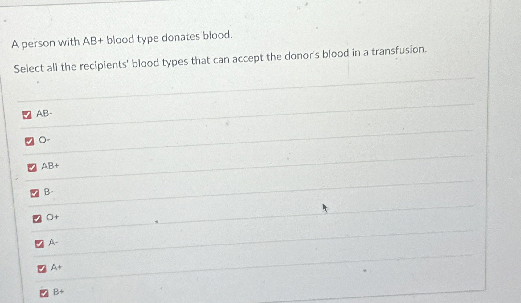 Solved A person with AB+ ﻿blood type donates blood.Select