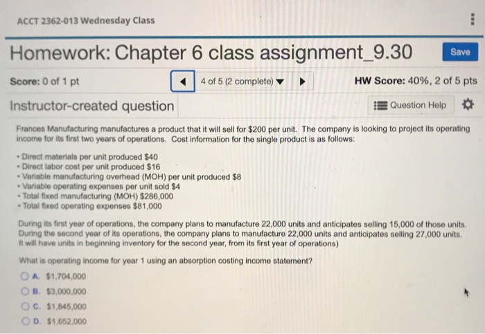 Solved ACCT 2362-013 Wednesday Class . - Homework: Chapter 6 | Chegg.com