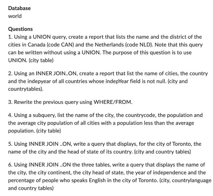 Solved Questions 1. Using a UNION query, create a report | Chegg.com