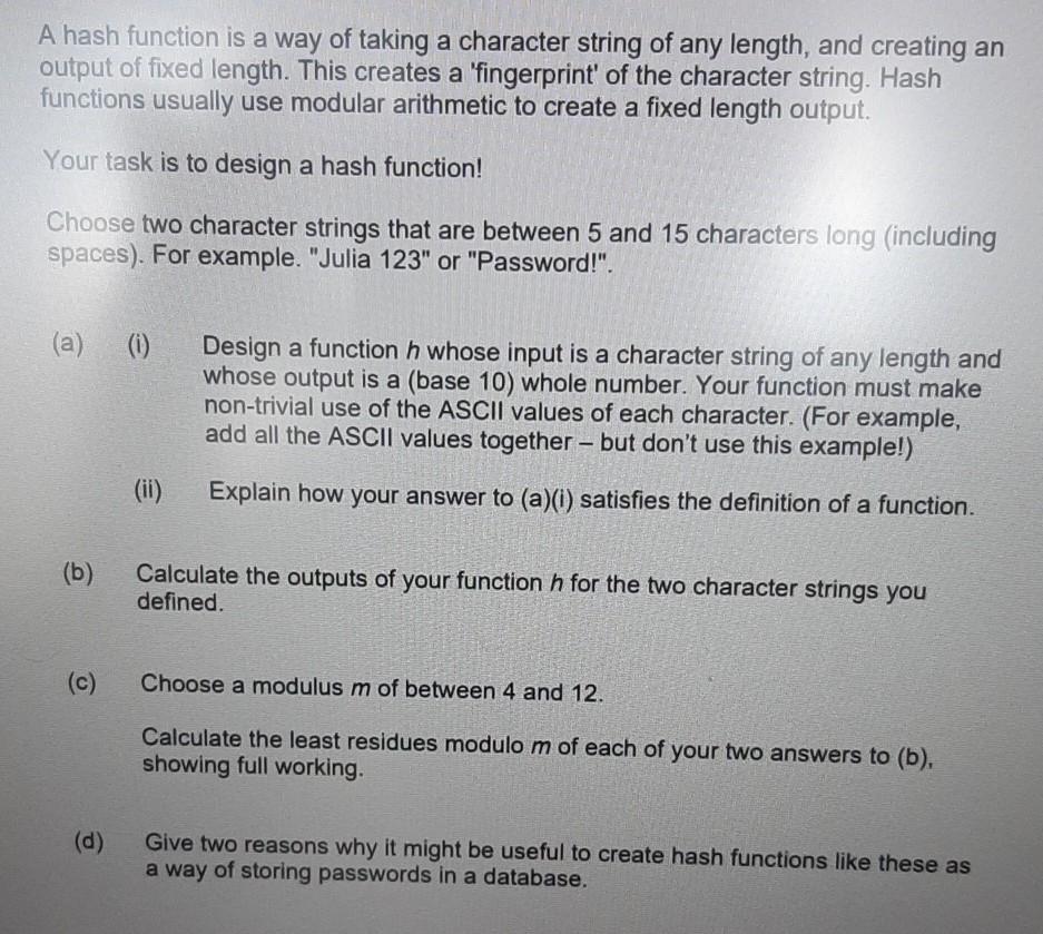 Solved A hash function is a way of taking a character string | Chegg.com
