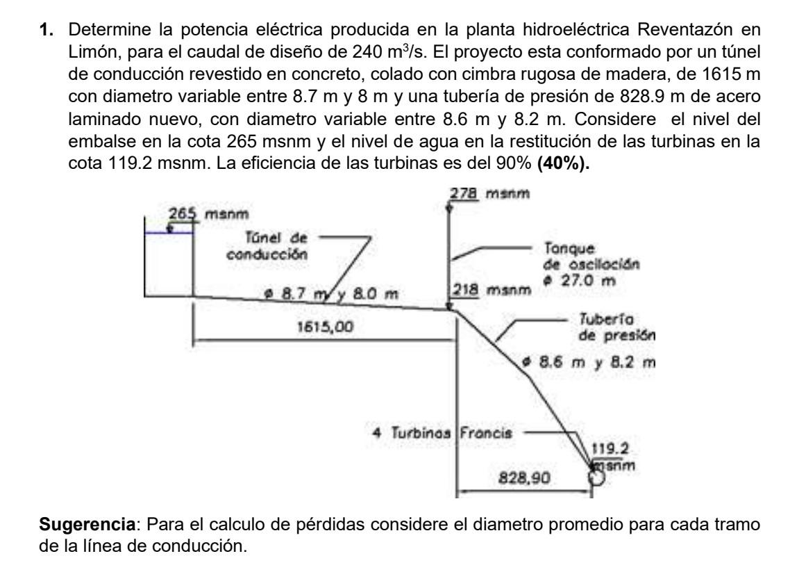 1. Determine la potencia eléctrica producida en la planta hidroeléctrica Reventazón en Limón, para el caudal de diseño de \(