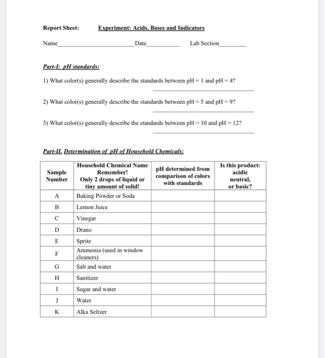 acid and bases experiment lab report