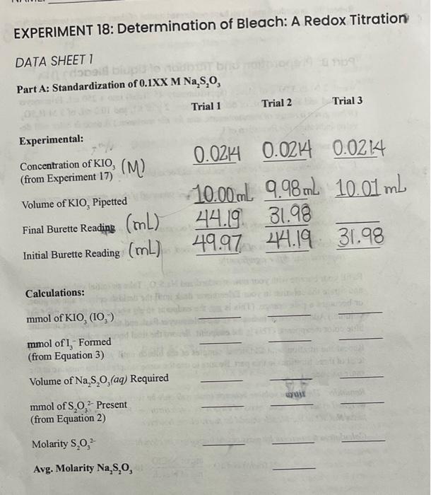 EXPERIMENT 18 Determination of Bleach A Redox