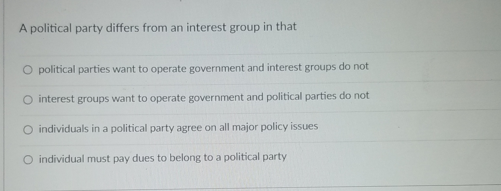 A Political Party Differs From An Interest Group In That Solved A political party differs from an interest group in | Chegg.com