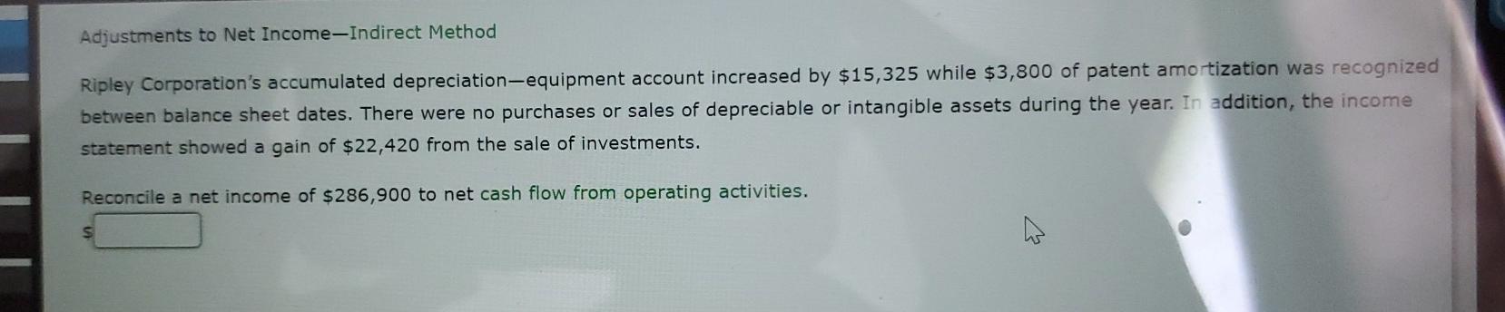 Solved Adjustments to Net Income-Indirect Method Ripley | Chegg.com