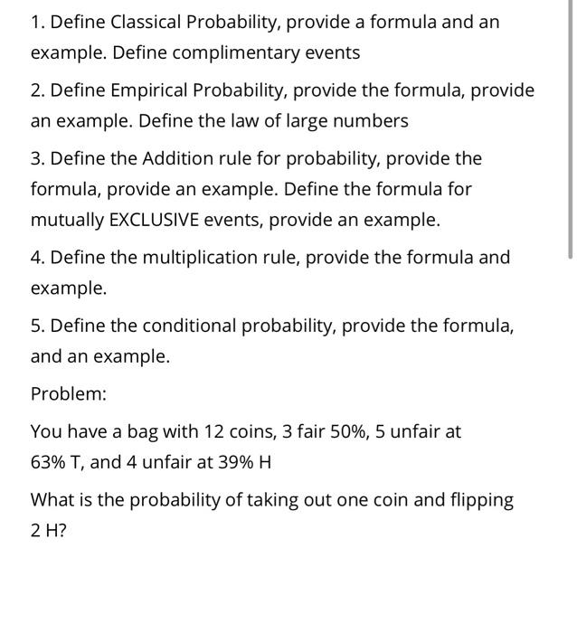 Solved 1. Define Classical Probability, provide a formula