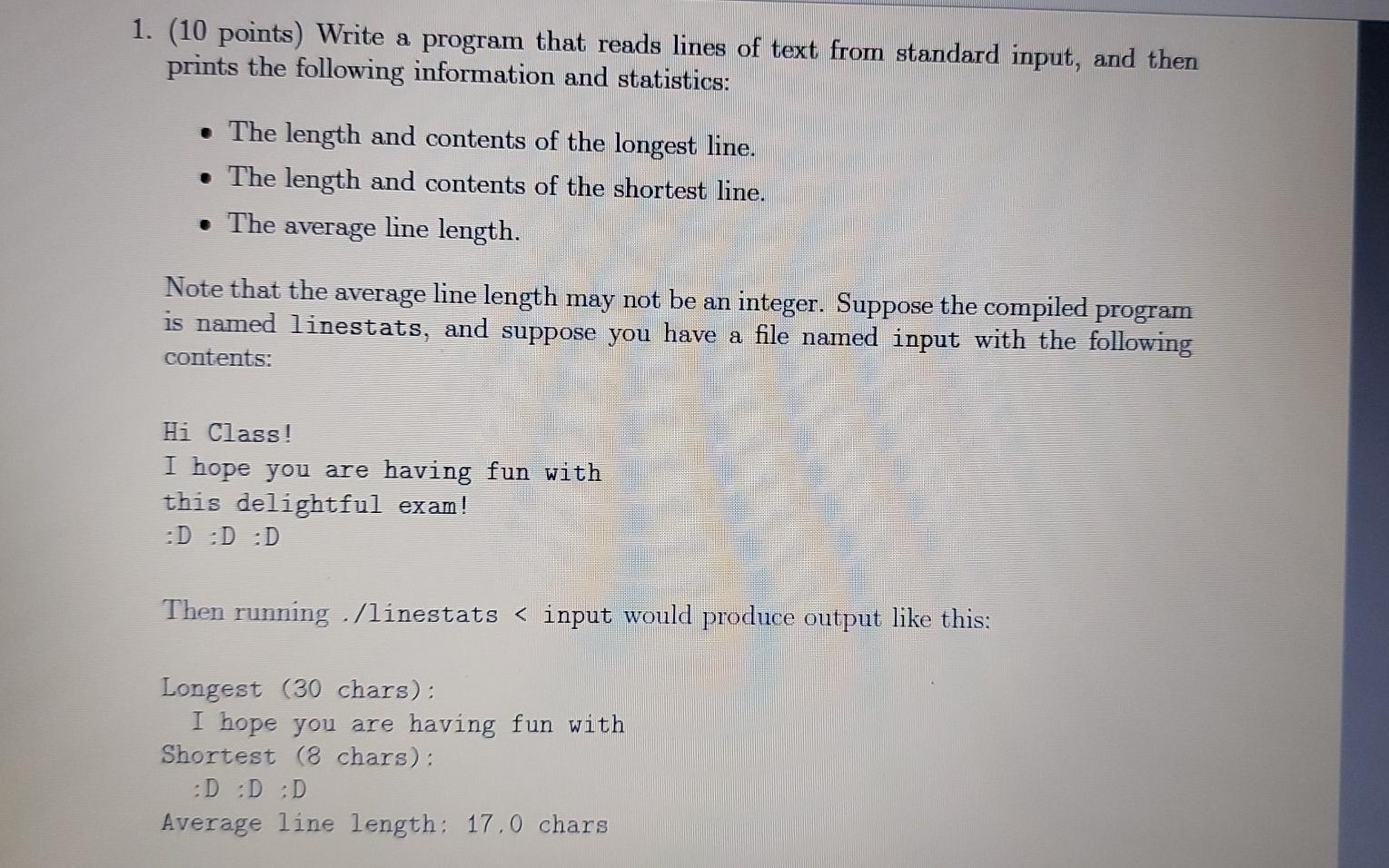 Solved 1. (10 points) Write a program that reads lines of | Chegg.com