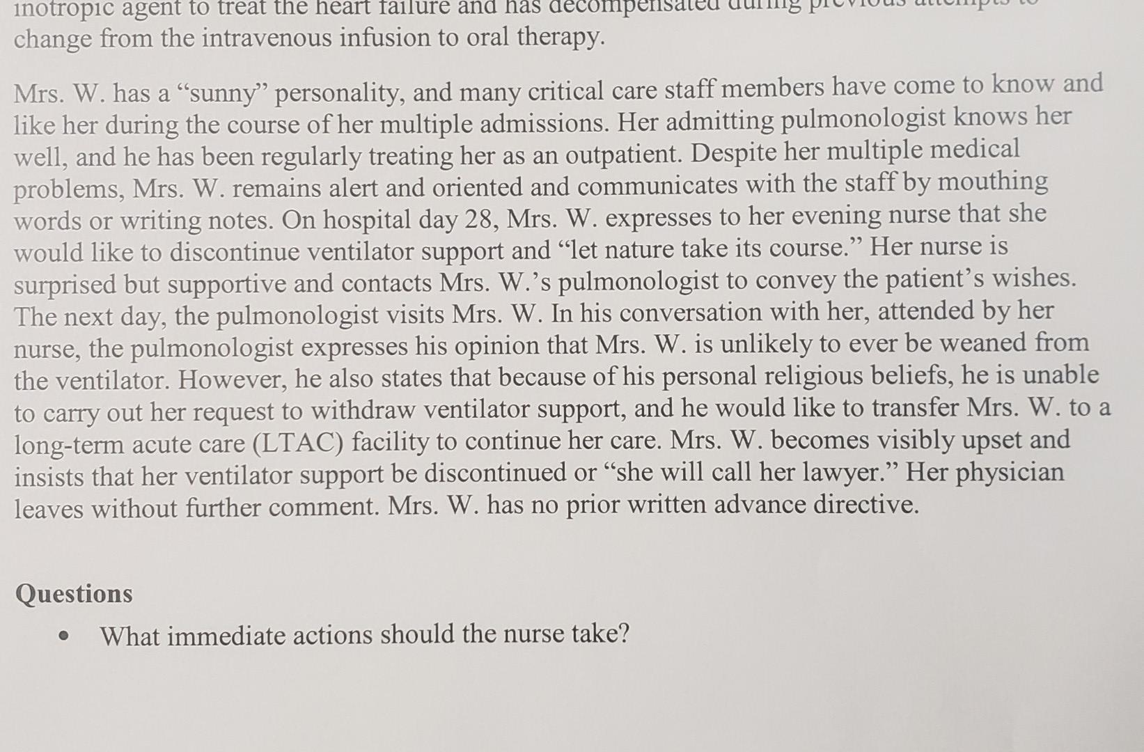 Solved Caring for Patient at End of Life Case study Mrs. W. | Chegg.com