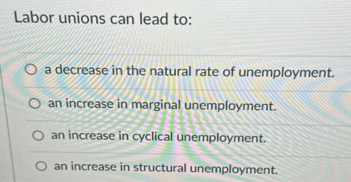 Solved Labor unions can lead to: a decrease in the natural | Chegg.com