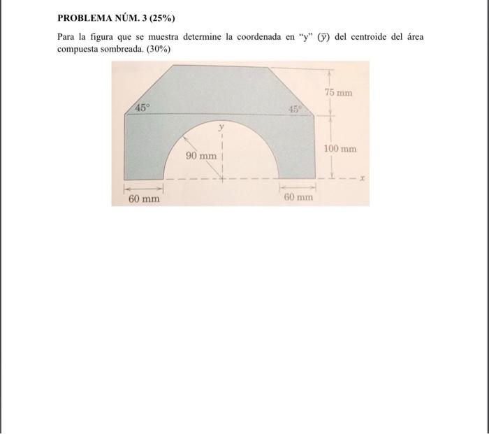 PROBLEMA NUM. \( 3(25 \%) \) Para la figura que se muestra determine la coordenada en \( \mathrm{y} \) \( (\bar{y}) \) de