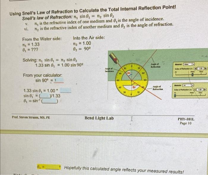 Solved Using Snell's Law of Refraction to Calculate the