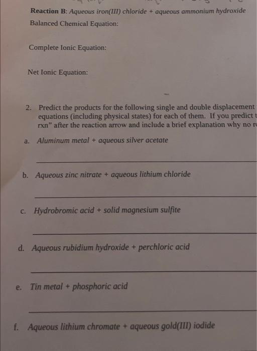 Solved Reaction B: Aqueous iron(III) chloride + aqueous | Chegg.com