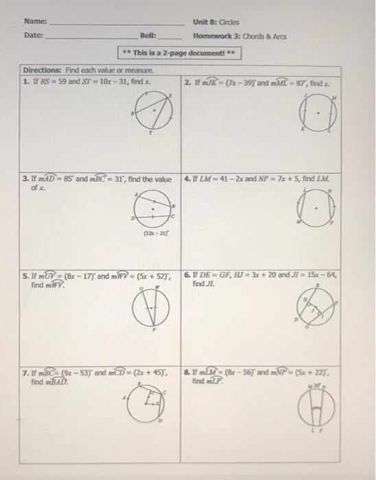 Name Unit 8 Circles Homework 3 Chords Arcs Date Chegg Com