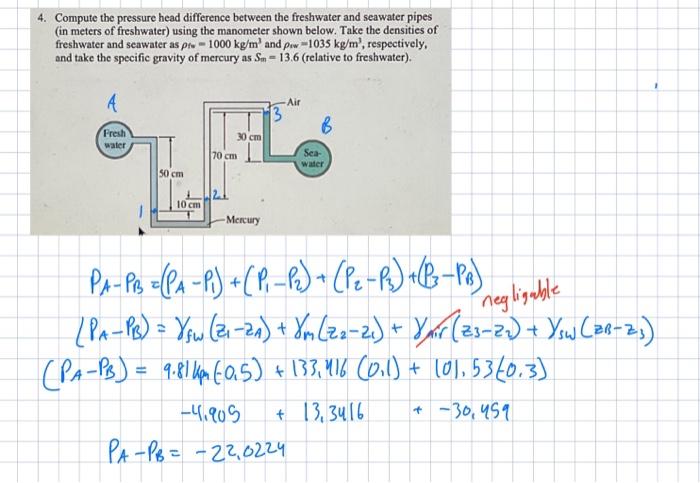 Solved Compute the pressure head difference between the | Chegg.com