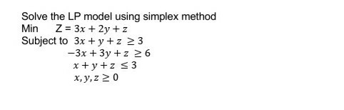 Solved Solve the LP model using simplex method Min Z = 3x + | Chegg.com