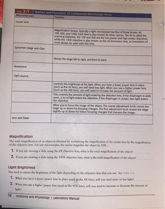 Solved TABLE 21 Names and Functions of compound Microscope