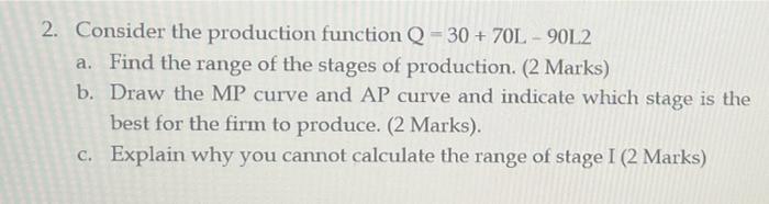 Solved 2. Consider the production function Q = 30 + 70L - | Chegg.com