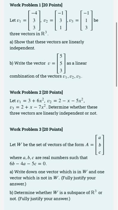 Solved Work Problem 1 [20 Points) -01-0 be Let vi = 3 3 V3 3 | Chegg.com