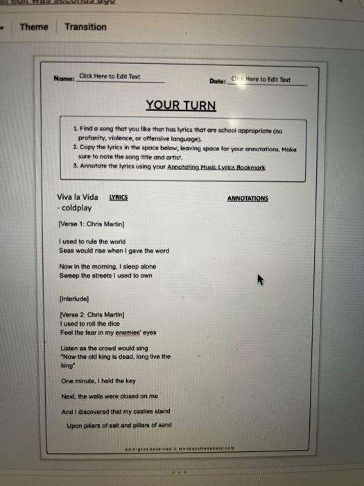 1. Find a song that you like that has lyrics that are