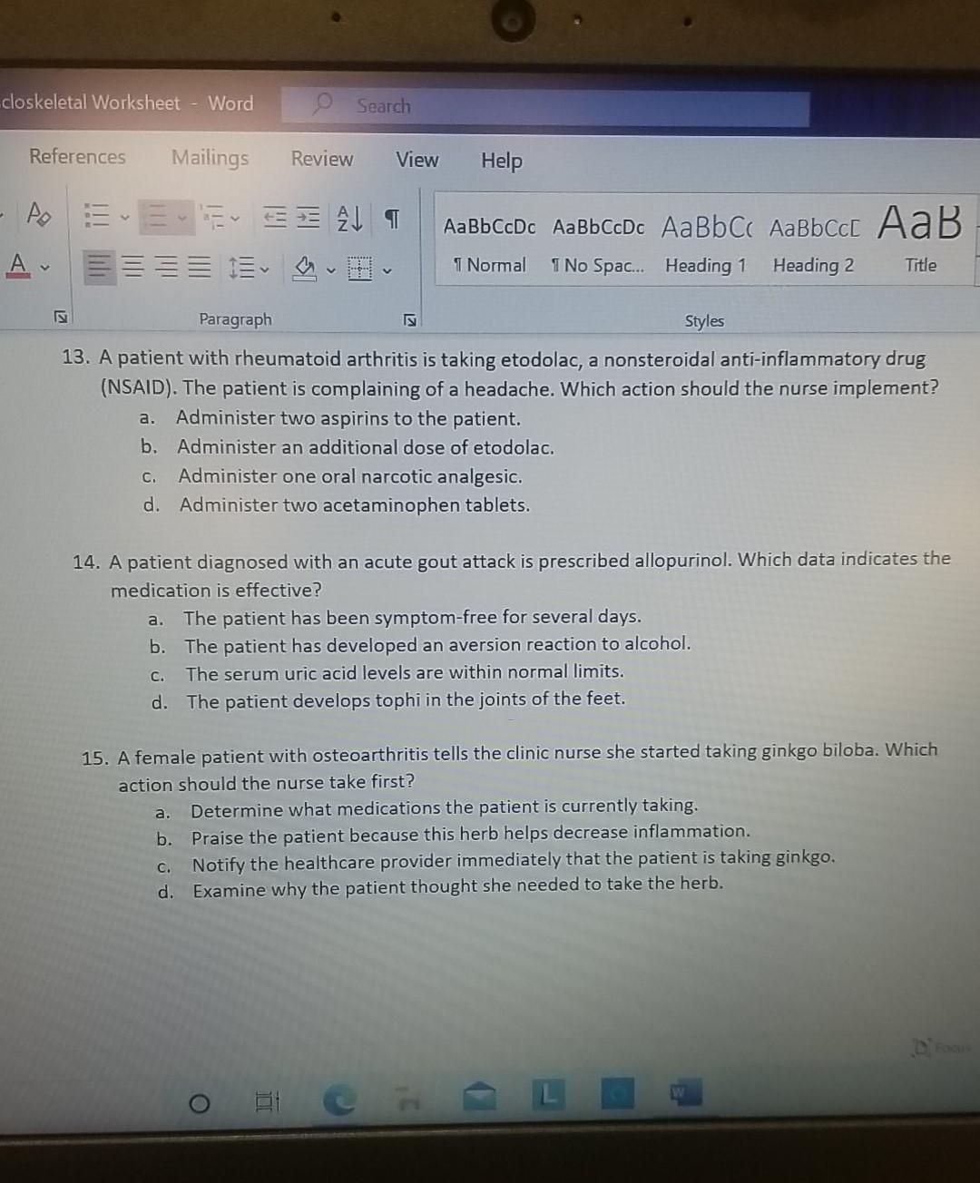 closkeletal Worksheet - Word Search References Mailings Review View Help Do Ev E AT AaBbCcDc AaBb CcDc AaBb Cc Aabbccc AaB Av